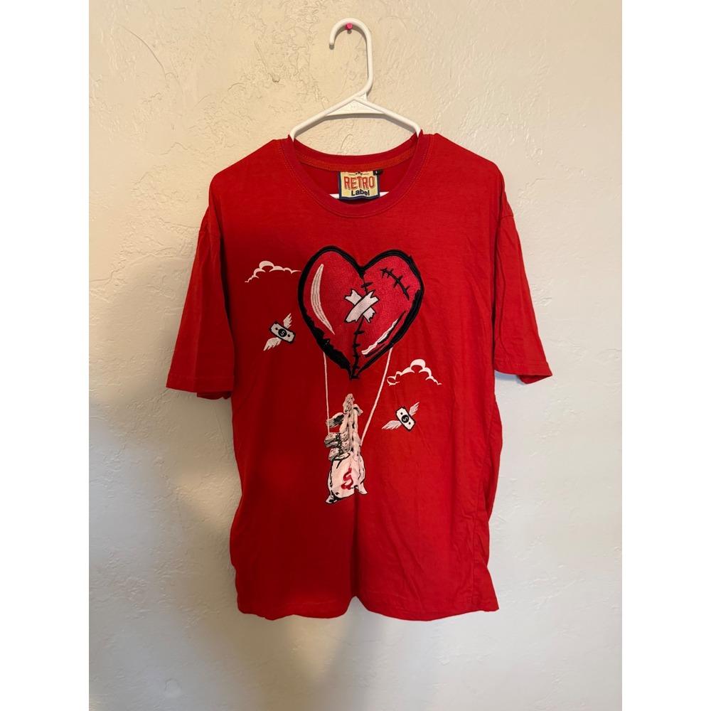 Retro Label Mens Stitched Heart Money Bag Graphic T-Shirt Red Streetwear Large